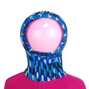 New Handmade Crochet Ribbed Balaclava Blue & Black Distressed Mask Hood